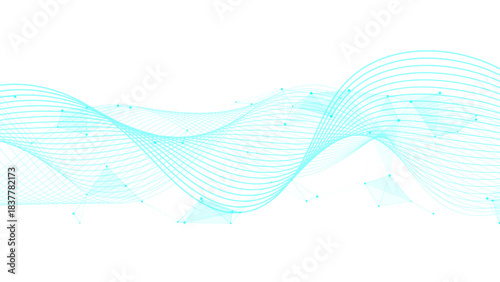 Abstract Network Flow With Cyan-Blue Line Wave. Connecting Dots and Low Poly Mesh for Data Structure, Sound Visualisation, and Tech Concepts.