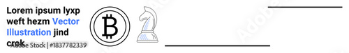 Cryptocurrency, blockchain, strategic planning, digital finance, decision-making, innovation. Black Bitcoin symbol and chess knight on a white background. Cryptocurrency and strategic planning