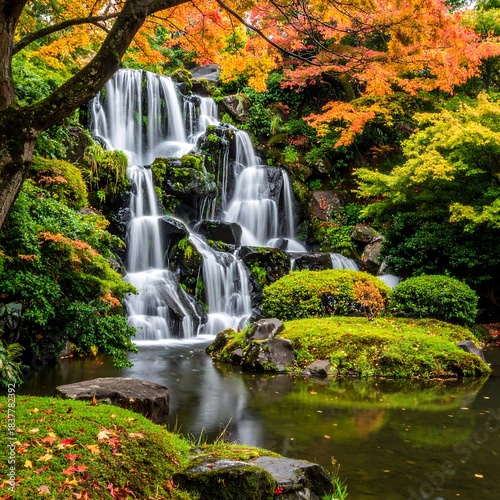 Waterfall flowing into a serene pond surrounded by lush foliage