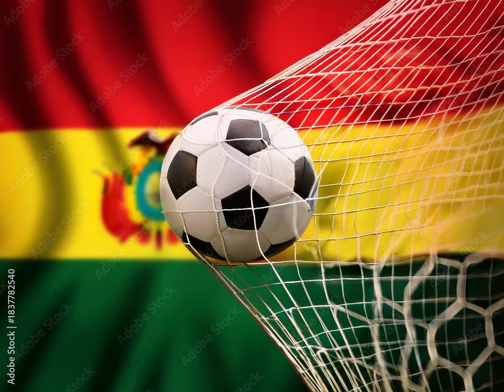 Fototapeta premium soccer ball with the goal net; Bolivia flag in the background