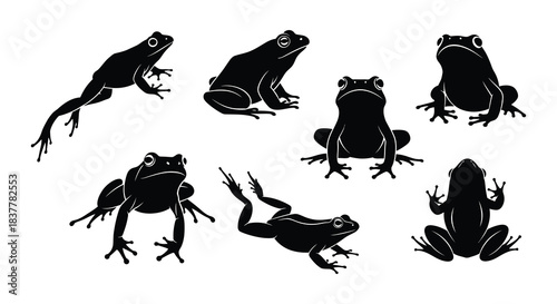 A collection of black silhouette frogs in various playful poses and positions