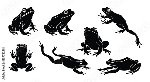 A collection of black silhouette frogs in various playful poses and positions