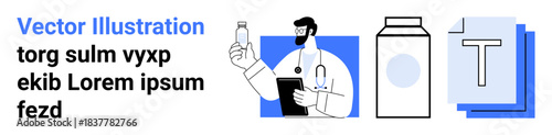 Medical research, product packaging, pharmaceutical development, healthcare documentation, data analysis, medication safety. A doctor holding a bottle with documents and package illustrations