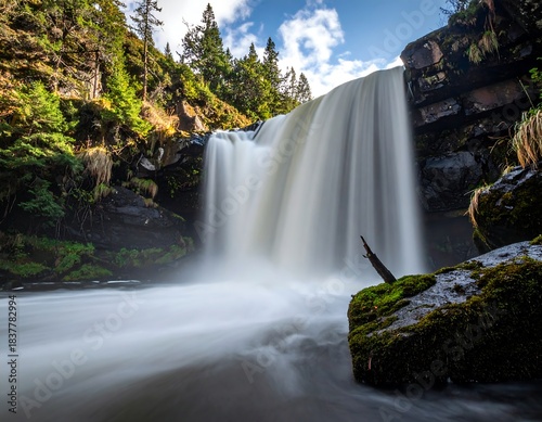 Waterfall flowing over rocks into a pool, with trees in background