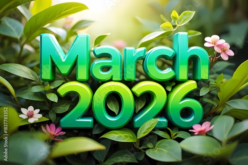 March 2026 3D Green Text Surrounded by Vibrant Spring Foliage and Flowers