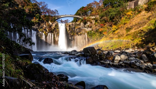 Waterfall flowing over rocks with bridge, autumn foliage, and rainbow