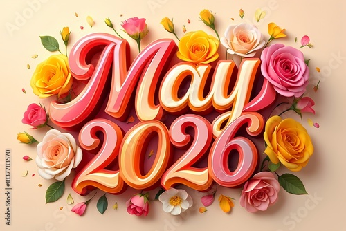 May 2026 3D Typography with Roses and Flowers for Calendar and Planning