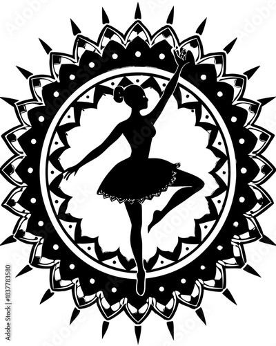 Ballerina Silhouette Dancing with Stars and Mandala: Elegant Vector