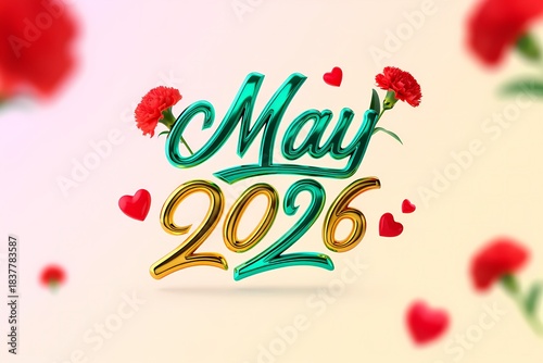 May 2026 3D Shiny Metallic Text with Carnation Flowers and Hearts