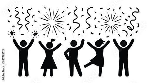 Joyful celebration silhouettes vector featuring dancing people with fireworks, confetti, streamers, and party elements in a simple black illustration style perfect for events, festivals, and holiday g