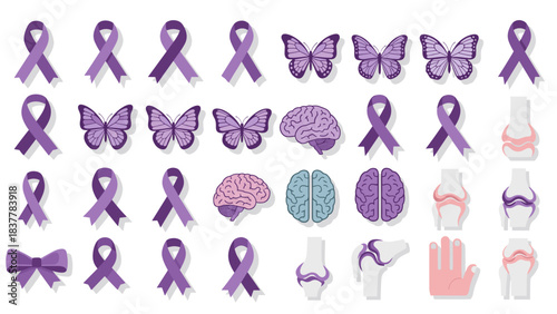 Purple awareness icons set white