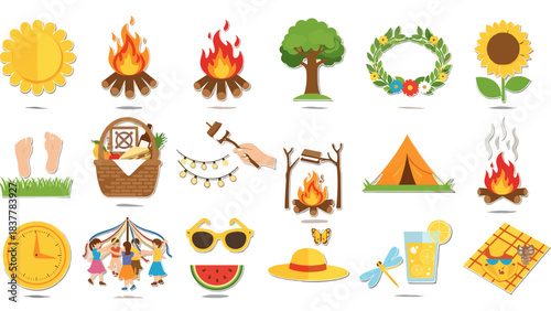 Summer camping and picnic elements icons set white