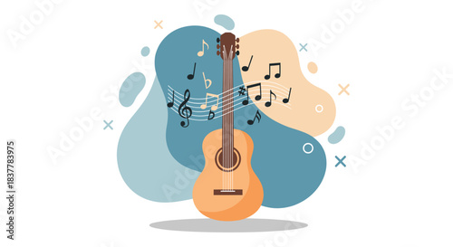 Modern flat vector illustration featuring an acoustic guitar radiating musical notes, set against abstract blue and beige shapes. This clean graphic symbolizes creativity, songwriting, performance, an