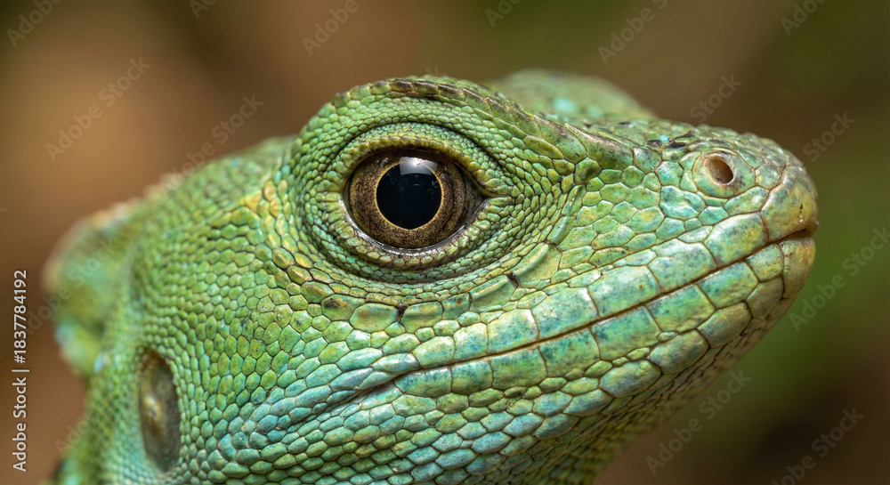 Obraz premium Close-up of the head and eyes of a green lizard with detailed scaly skin