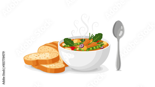 Bowl of vegetable soup with bread and spoon white