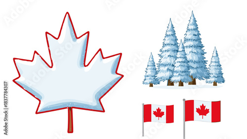 Canadian symbols with maple leaf and flags white