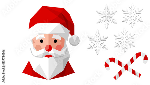 Low poly santa claus and snowflakes with candy canes white