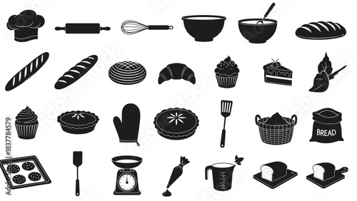 Baking tools and pastries icons set white