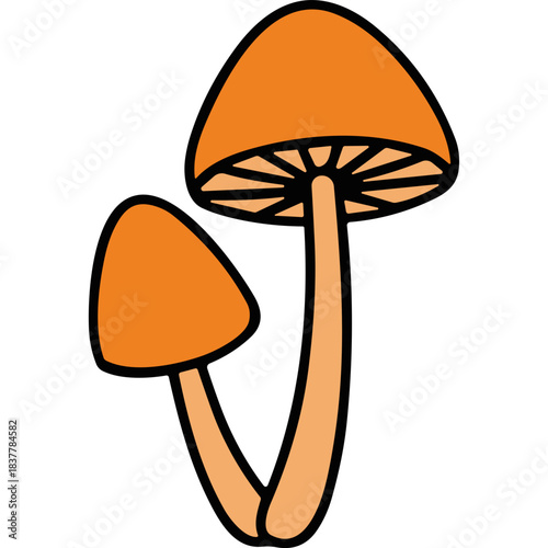 Two cartoon orange mushrooms with tall stems and wide caps with gills shown on a black background