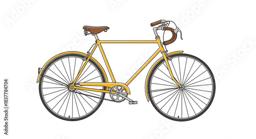 A beautifully rendered illustration of a classic yellow vintage bicycle with elegant brown leather details, perfect for conveying retro charm and sustainable transport.