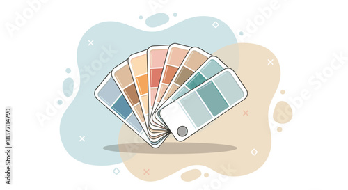 Stylized minimalist vector illustration showing a fan of color swatches (palette) with soft, muted, and earthy tones. This graphic resource is ideal for design concepts, interior decorating websites, 
