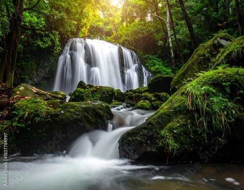 Waterfall flowing through a lush green forest, sunlight shining (1)