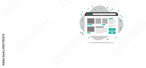 A flat vector illustration depicting a modern web browser template displaying a clean, minimalist user interface with content placeholders, images, and actionable buttons. This graphic is perfect for 