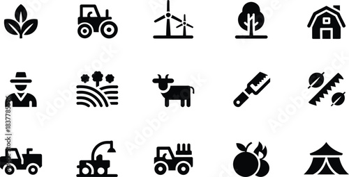 Collection of stylized black and white farm and agriculture icons including a tractor a barn a cow a farmer and a wind turbine on a white background