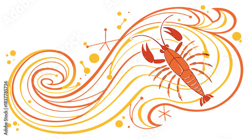 Stylized Orange Lobster with Swirling Lines Illustration, An artistic illustration of an orange lobster surrounded by decorative swirling lines and dots in orange, yellow, and red, suggesting 