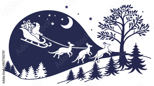 Santa's Sleigh Pulled by Kangaroos Silhouette, Australian Christmas, A silhouette vector illustration of Santa Claus in his sleigh, pulled by three kangaroos through a starry night sky with pine trees