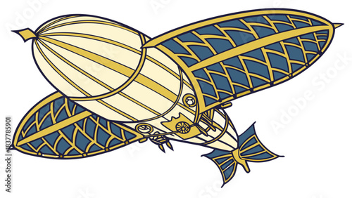 Vintage Steampunk Style Blimp Airship Illustration, An illustration of a vintage steampunk-style blimp or airship with ornate blue and gold patterned wings and details.