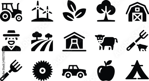 Collection of farm and agriculture icons representing rural life and modern farming techniques including tractors windmills barns and livestock