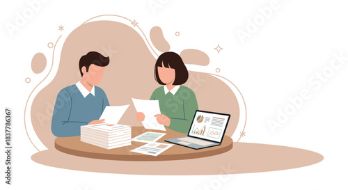 Professional flat vector illustration depicting two business colleagues, a man and a woman, collaborating and reviewing important financial documents and data analysis charts displayed on a laptop scr