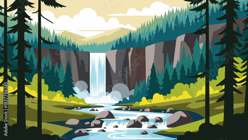 Vector illustration of a majestic waterfall cascading into a winding river, surrounded by a lush green forest with tall pine trees and distant mountains