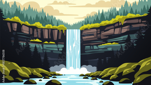 Vibrant vector illustration of a majestic waterfall cascading down rugged cliffs into a tranquil river, surrounded by lush evergreen trees and mossy rocks under a cloudy sky