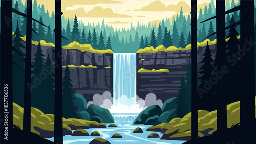Enchanting waterfall cascading through a lush forest into a clear river, a serene natural landscape illustration