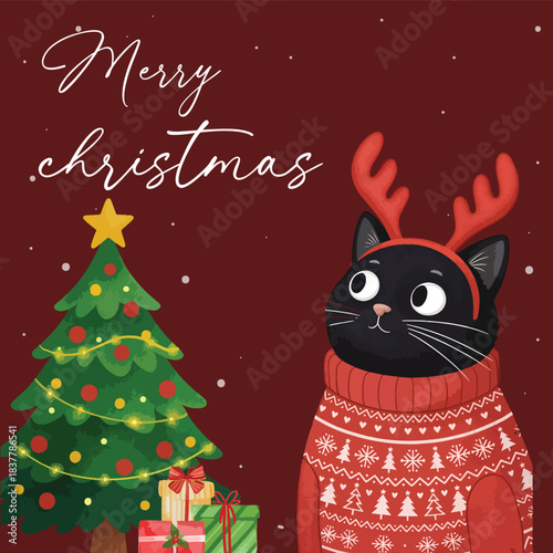 Black Cat with Red Sweater Merry Christmas Illustration