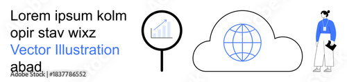 Cloud computing, data analytics, online business, global connection, technology, research. Magnifying glass over graph, globe in cloud person with laptop. Cloud computing and data analytics concept