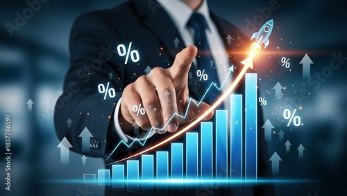 Businessman analyzing upward trend graph with percentage symbols.