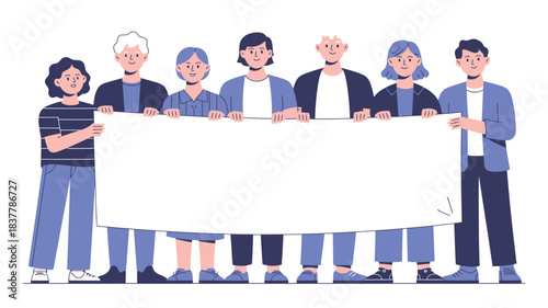 Diverse Group Holding Blank Banner Cartoon Illustration of People with Sign for Message