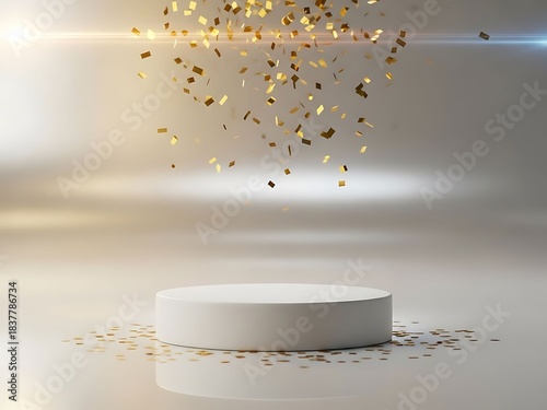 White pedestal with gold confetti on white background.