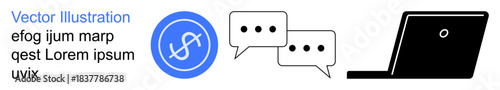 Digital tools, online communication, teamwork, collaboration, branding, tech interface. Abstract loop icon, dialogue bubbles and a laptop. Digital tools and online communication concept
