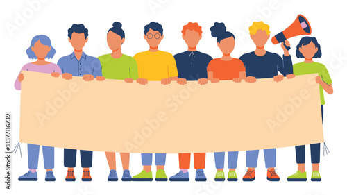 Diverse Group Holding Blank Protest Banner, One Person With Megaphone Raising Awareness, Illustration