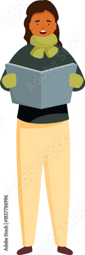 Woman singing christmas carols, holding a songbook, wearing winter clothes, celebrating holidays