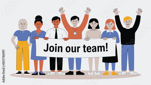 Diverse Group of People Holding a Join Our Team! Banner with Hands Raised