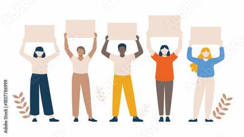 Group of People Holding Blank Protest Signs Above Their Heads on White Background