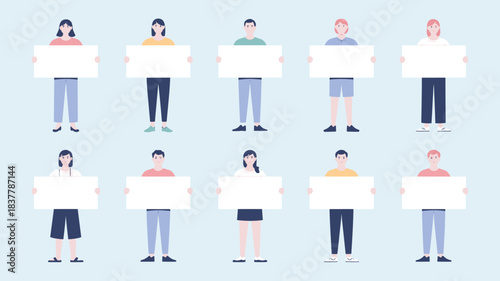 Diverse Group of People Holding Blank White Signs, Casual Clothing, Illustration on Light Blue Background