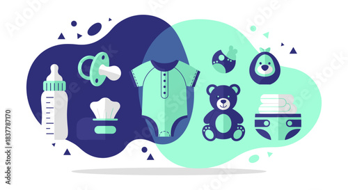 A vibrant flat vector illustration showcasing essential baby care products and newborn items, including a bottle, pacifier, onesie, teddy bear, and diapers, set against a modern abstract blue and teal