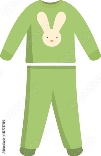Green baby pajamas with rabbit design lying flat, representing children's clothing and sleepwear
