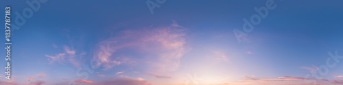 Sunset sky with bright glowing pink Cirrus clouds. Seamless spherical HDR 360 panorama. Full zenith or sky dome in 3D, sky replacement for aerial drone panoramas. Climate and weather change.